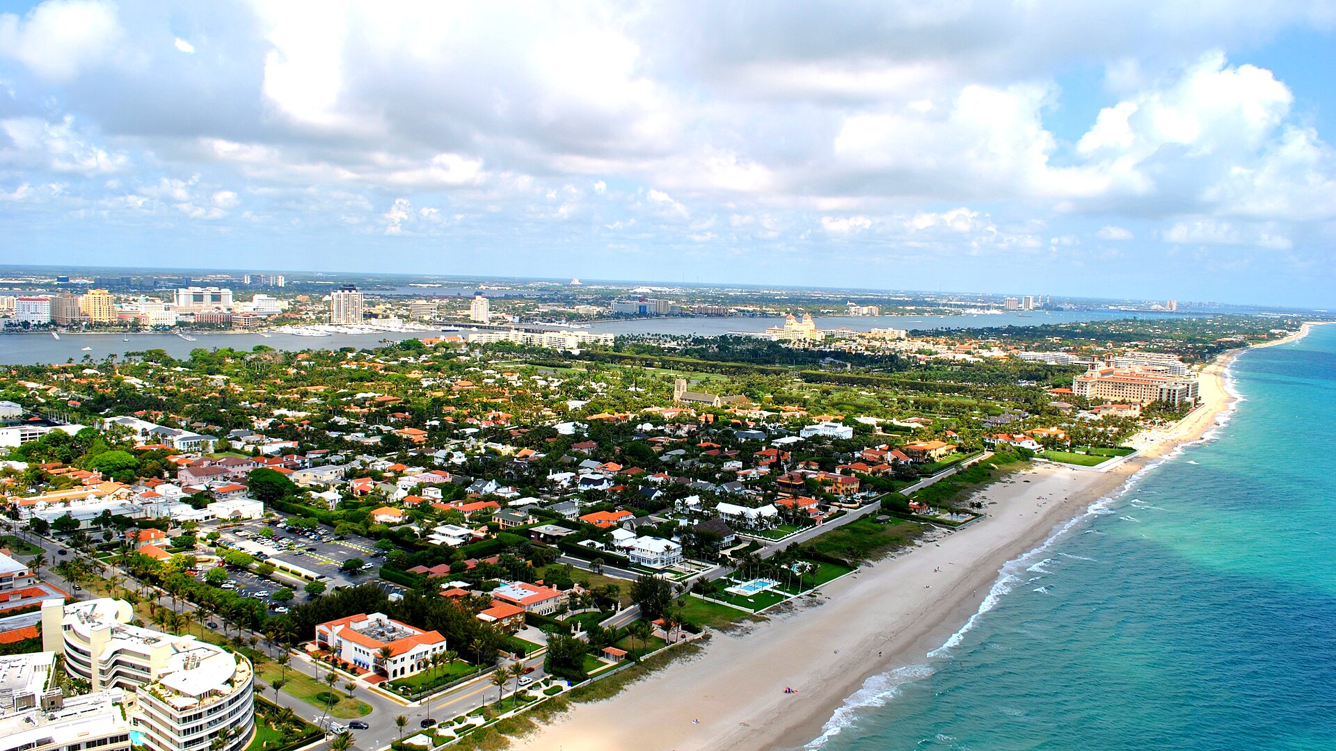 Palm Beach’s Atlantic shoreline and streets seen from above